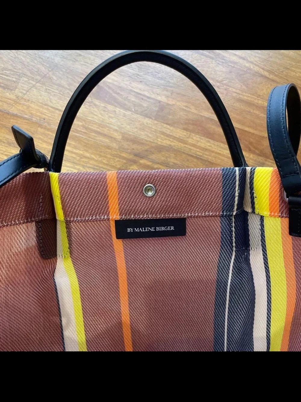 Mulberry Striped Canvas Tote in Brown with Black Handles
